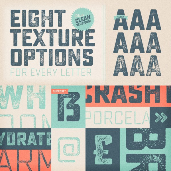 The Sucrose typeface comes with eight texture options for all letters and four for other characters.