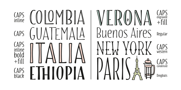 The type family is equipped with a mix of hand drawn typefaces in different styles plus several typographic features and illustrative dingbats.