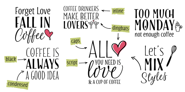 With this variety of hand drawn typefaces and different styles you can create stylish titles.
