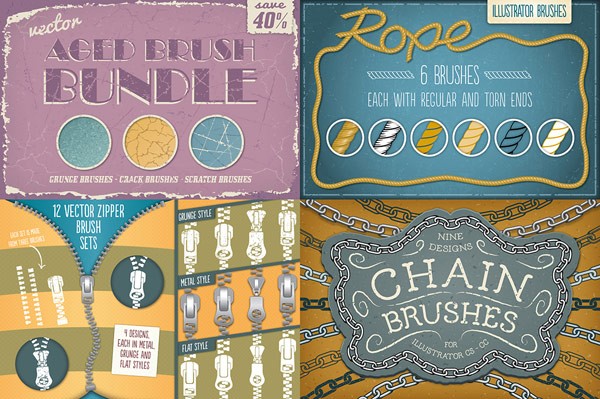 Adobe Illustrator vector effects including aged styles, ropes, zippers and chains.