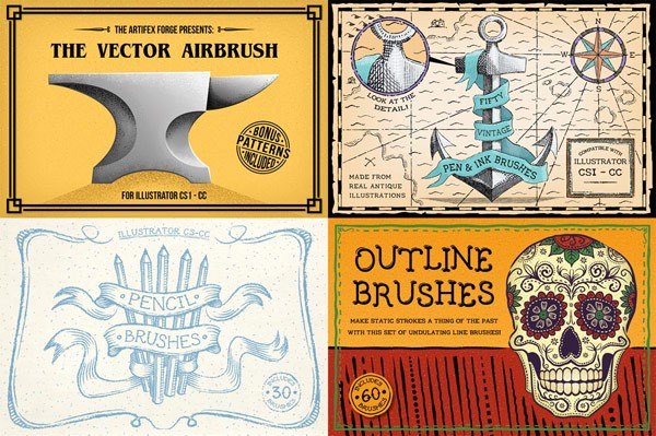 Artifex Forge presents the vector airbrush set, fifty vintage pen and ink brushes, pencil and outline brushes.