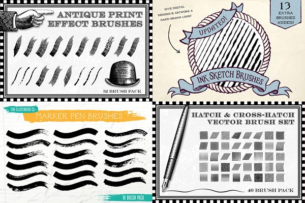 Create stylish antique print effects as well as ink sketches, marker pen effects, hatch and cross-hatch vectors.