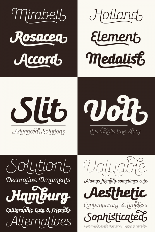 Bunita Swash, a script typeface with countless alternate versions and stylish features designed by Ralf Sander, Petra Niedernolte of foundry Buntype.