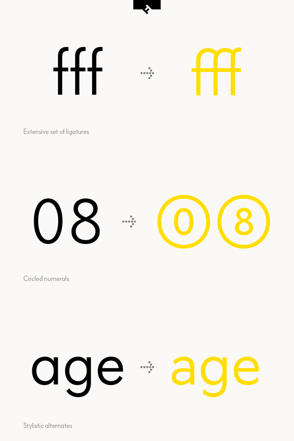 The family comes with an extensive set of ligatures and extras such as circled numerals and stylistic alternates. The family comes with an extensive set of ligatures and extras such as circled numerals and stylistic alternates.