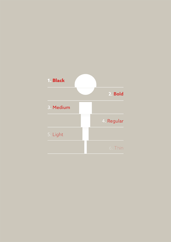 The family consists of 6 weights including Thin, Light, Regular, Medium, Bold, and Black.