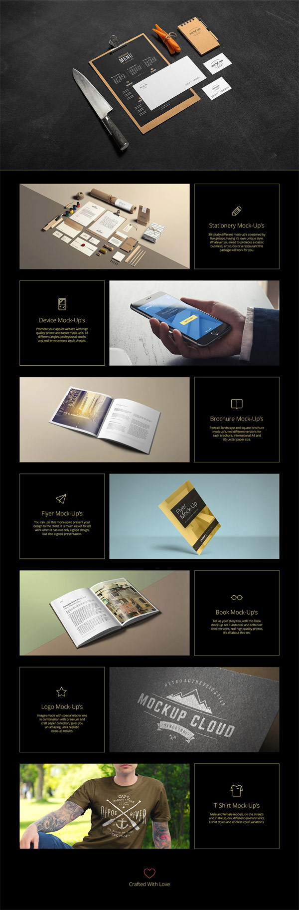 Choose from different styles and themes such as stationery, devices, brochures, flyers, books, logos, t-shirts, etc.