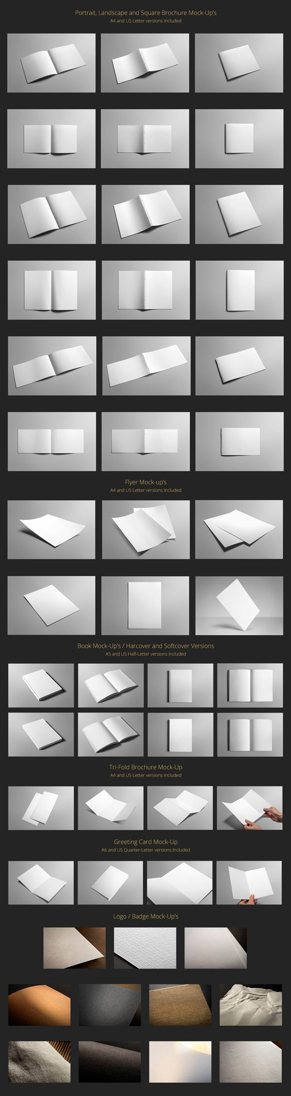 The list of editorial mockups is packed with items for portrait, landscape, and square brochure mockups for A4 and US letter versions.