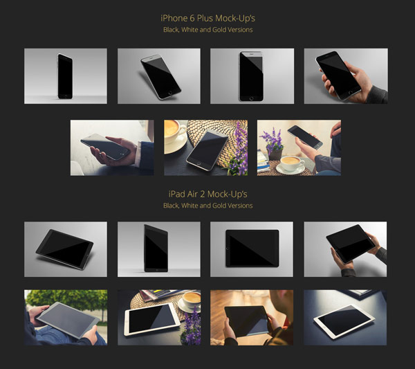 This set includes iPhone 6 Plus and iPad Air 2 mockups.