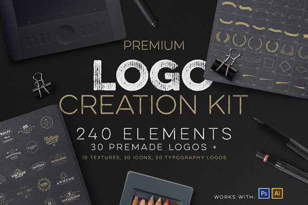 The logo creation kit includes 240 graphic vector elements plus premade logos, textures, icons, and typography logos.