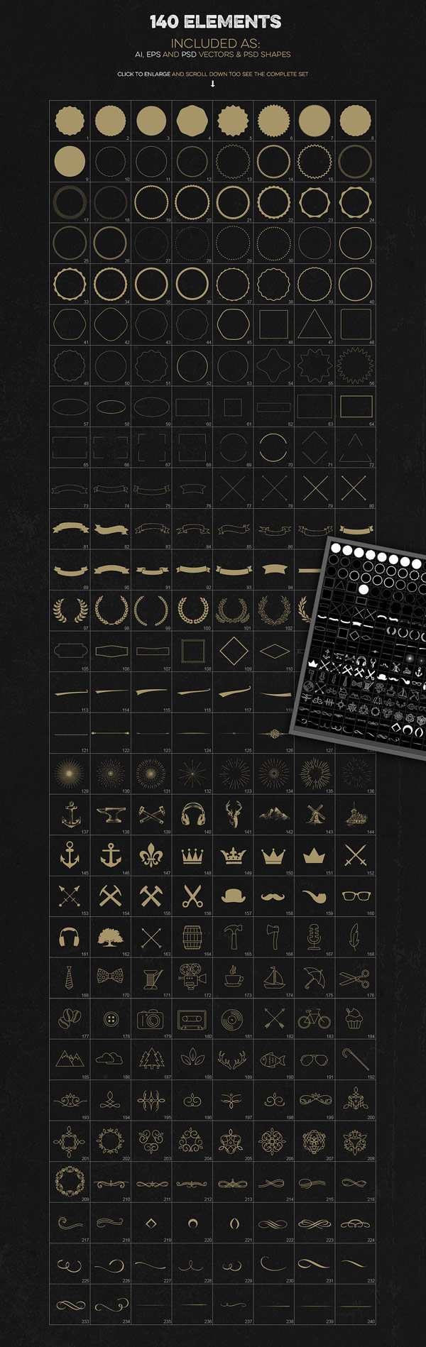 The elements are included as AI, EPS, and PSD vectors and PSD shapes.