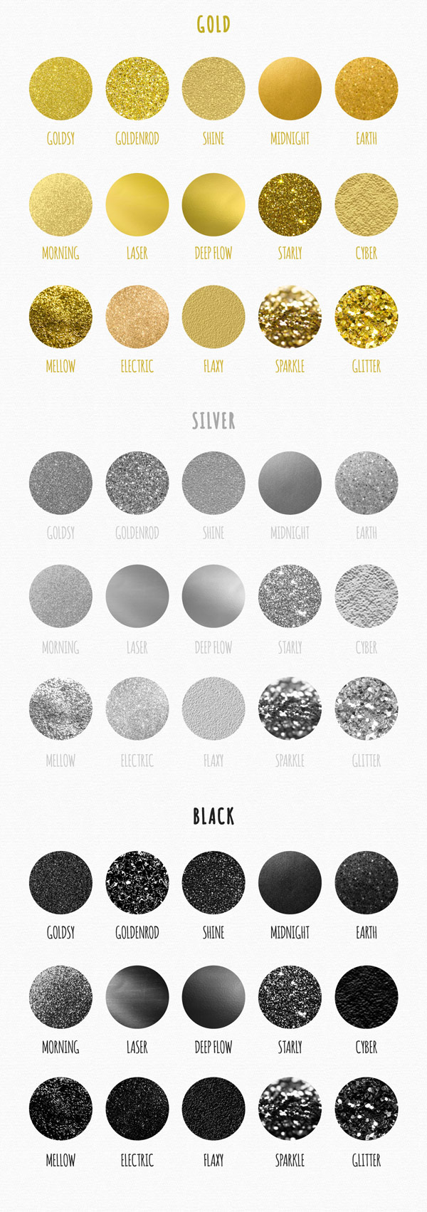 Over 45 bonus textures in gold, silver, and black.