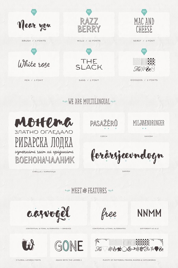 The Sensa type family includes different styles of brushes, strokes, and goodies.