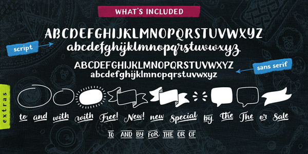 The set includes a script and a sans serif typeface as well as a collection of countless extras.