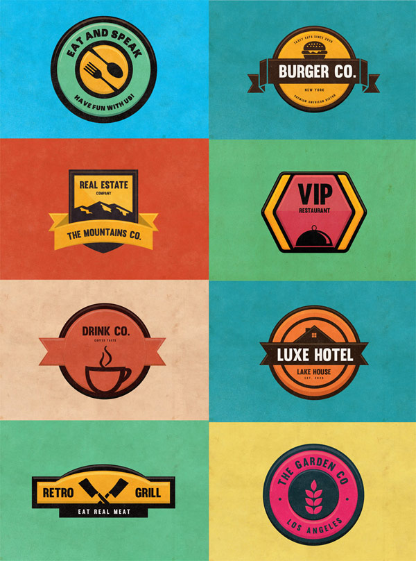 A variety of flat, colorful badges.