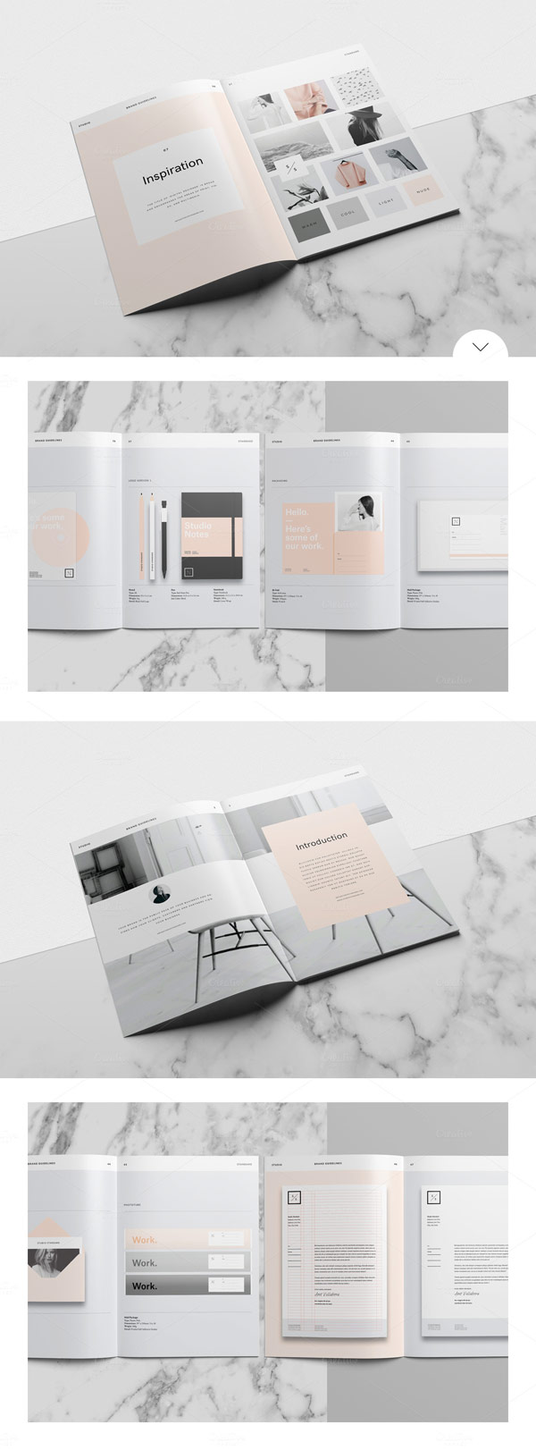 Create several pages for all branding materials in a uniform style.