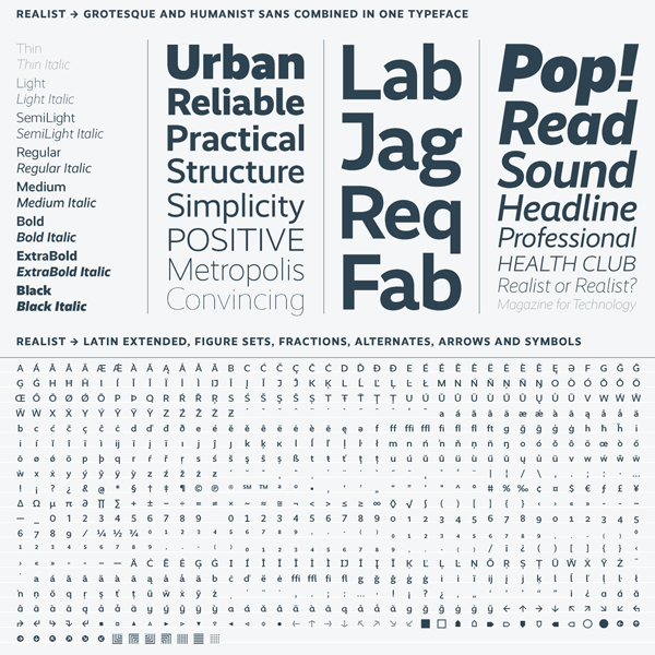 The Realist font family combines a grotesque and humanist style into one typeface.
