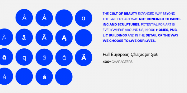 The Grottel font family comes with a set of more than 400 characters to support all European languages.