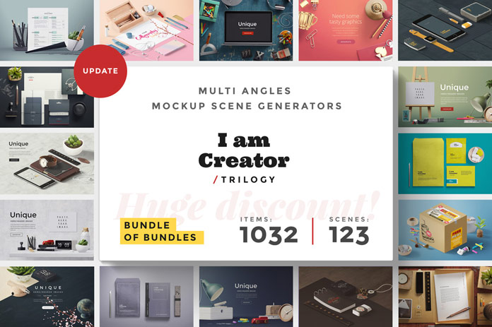 I am Creator Trilogy – Adobe Photoshop multi angles scene generators consisting of 1032 items and 123 scenes.