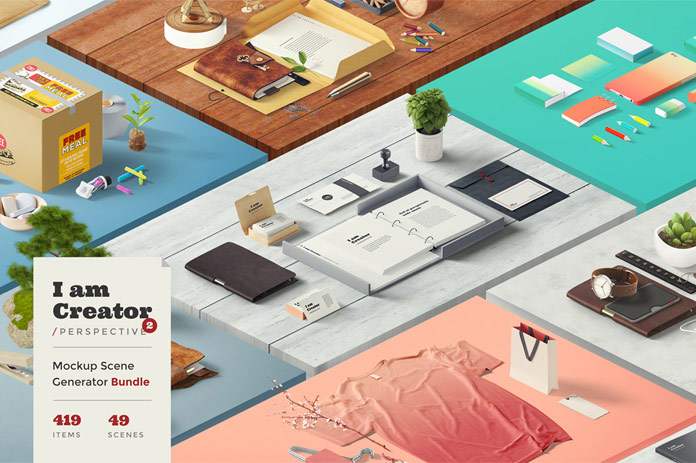 The I am Creator perspective set is a mockup scene generator bundle of 419 items and 49 scenes.