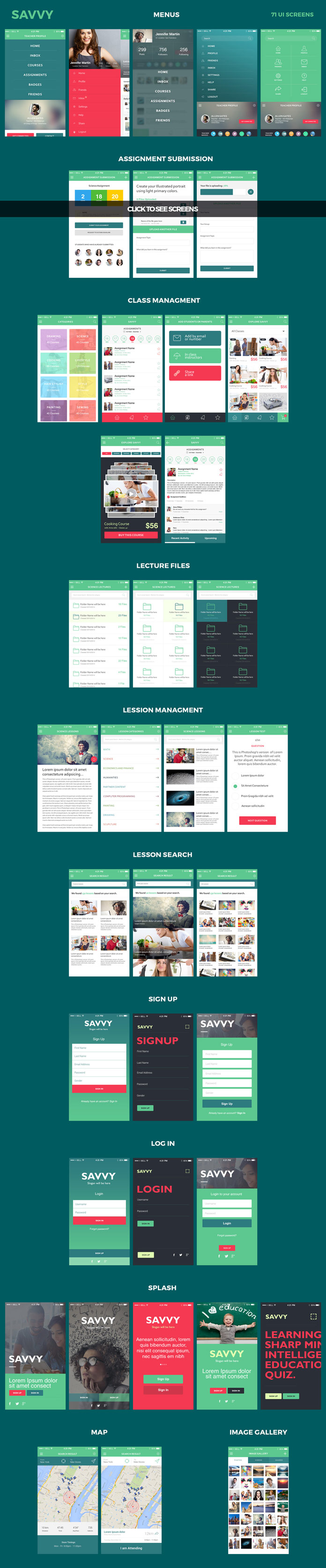 The User interface Kit includes numerous menus, assignment screens, classic management, lecture files, lesson management and search, sign up and log in screens, maps, image galleries, and splash screens.