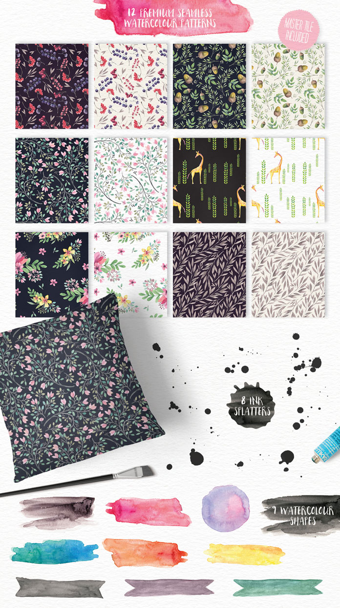 12 premium seamless watercolor patterns plus 8 ink splatters and 9 watercolor shapes.