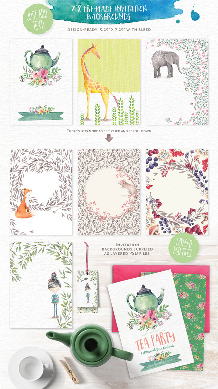 With bleeds and a size of 5.25x7.25, the seven pre-made invitation backgrounds are ready to use and print.