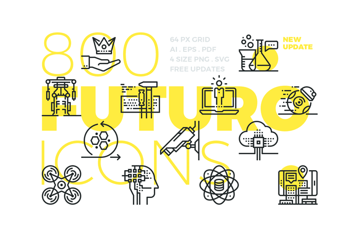 Futuro Line Icons, a huge pack of 800 icons created using a 64 px grid available in four sizes as AI, EPS, PDF, PNG, and SVG.
