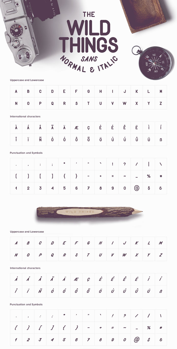 An overview of the Sans and Italic typefaces with all uppercases and lowercases, international characters, punctuation and symbols.