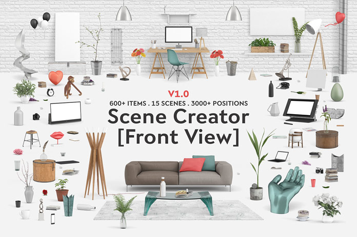 The Interior scene creator: front view edition to design a desk scene or a living room.