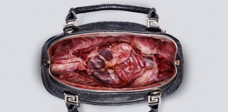 Crocodile leather bag with a heart, muscles and bowels inside in a Bangkok pop-up store.