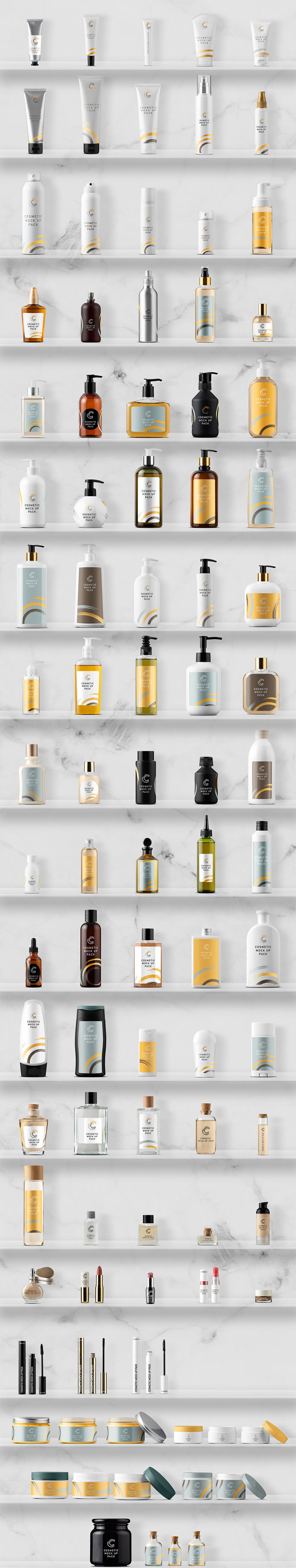 Cosmetic product packaging front views.