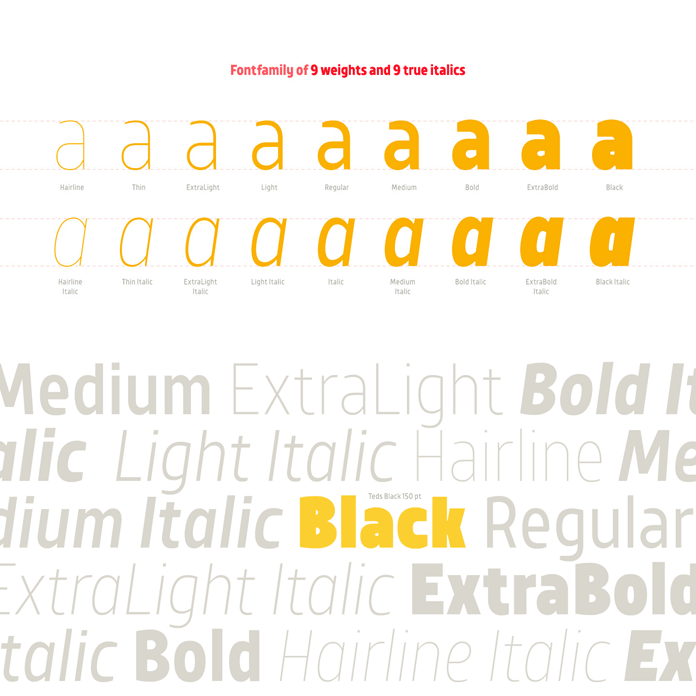 Font family of 9 weights plus 9 true italics. Font family of 9 weights plus 9 true italics.