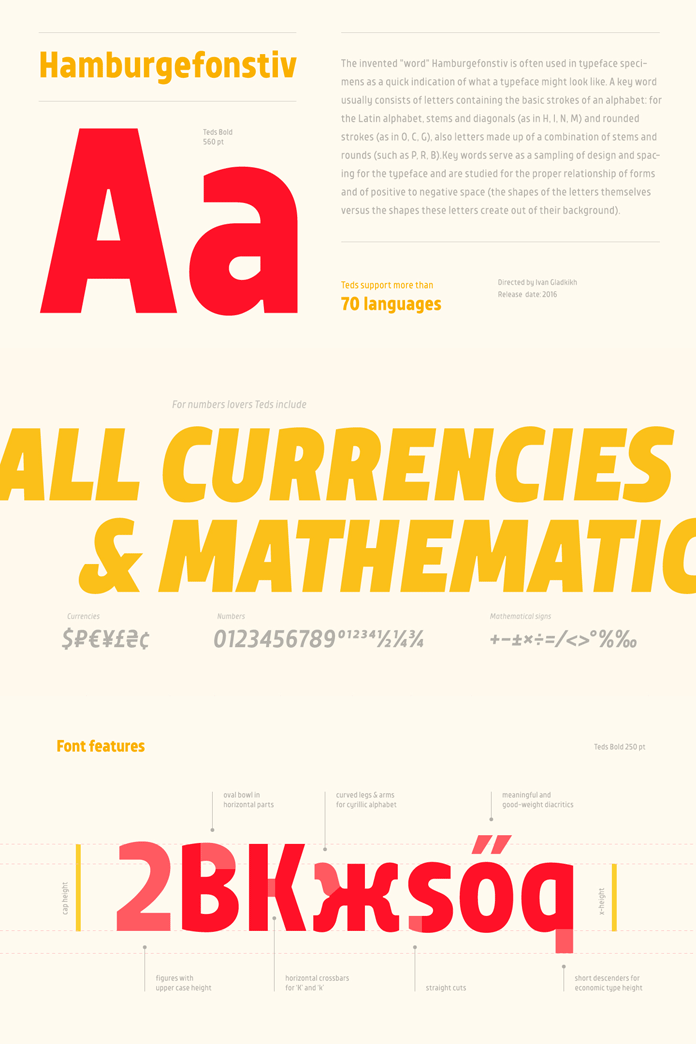 Multi language support and typographic features. Multi language support and typographic features.