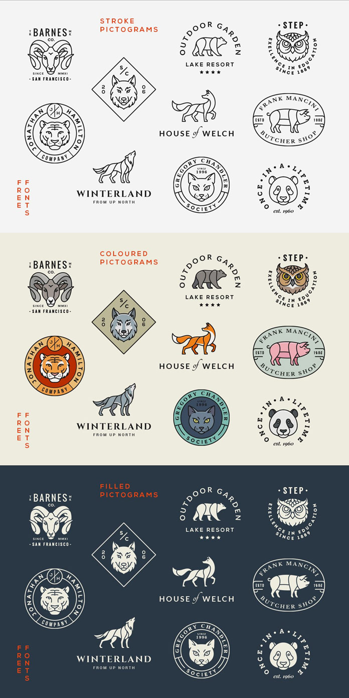 Animal logos/badges - stroke, colored, and filled pictograms. Animal logos/badges - stroke, colored, and filled pictograms