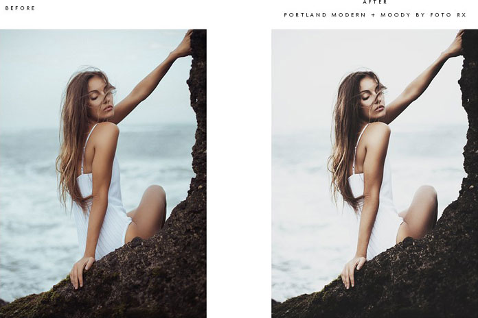 Girl on rocks - before and after