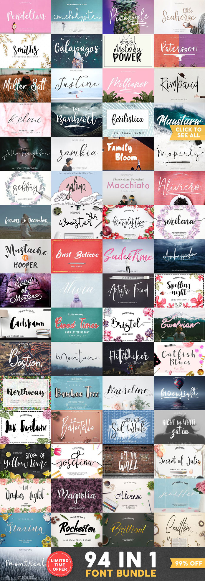 94 fonts by Kelly Reed of Mellow Design Lab.