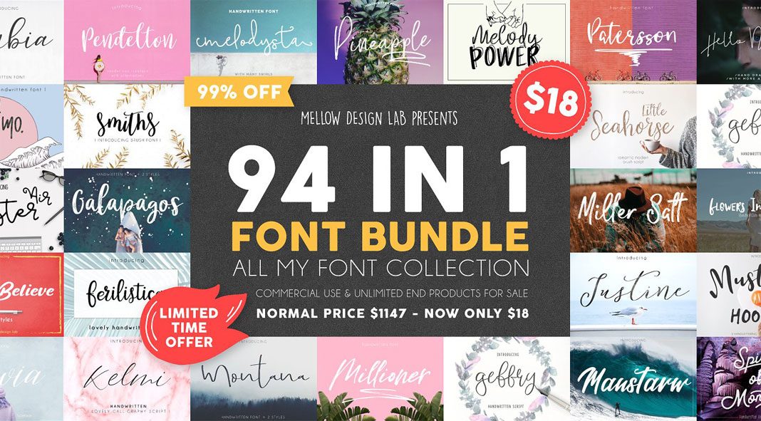 94 fonts in one bundle - limited time offer.