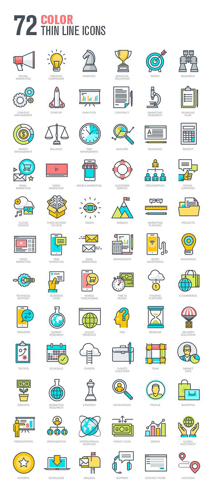 Thin line icons, colored version