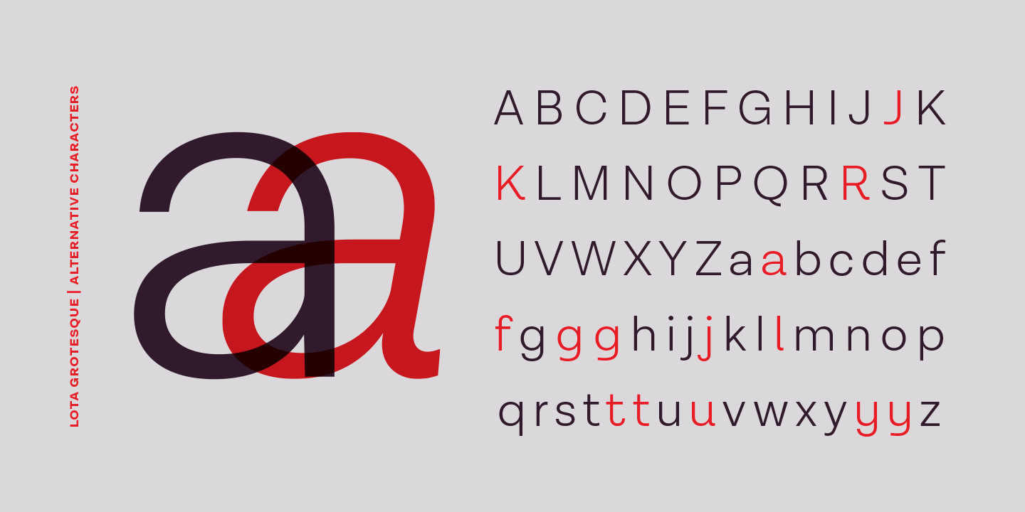 Lota Grotesque font family, basic characters plus alternative letters.