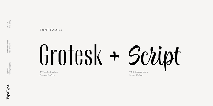 TT Knickerbockers, a contrasting pair of fonts consisting of a grotesk and script typeface. TT Knickerbockers, a contrasting pair of fonts consisting of a grotesk and script typeface.