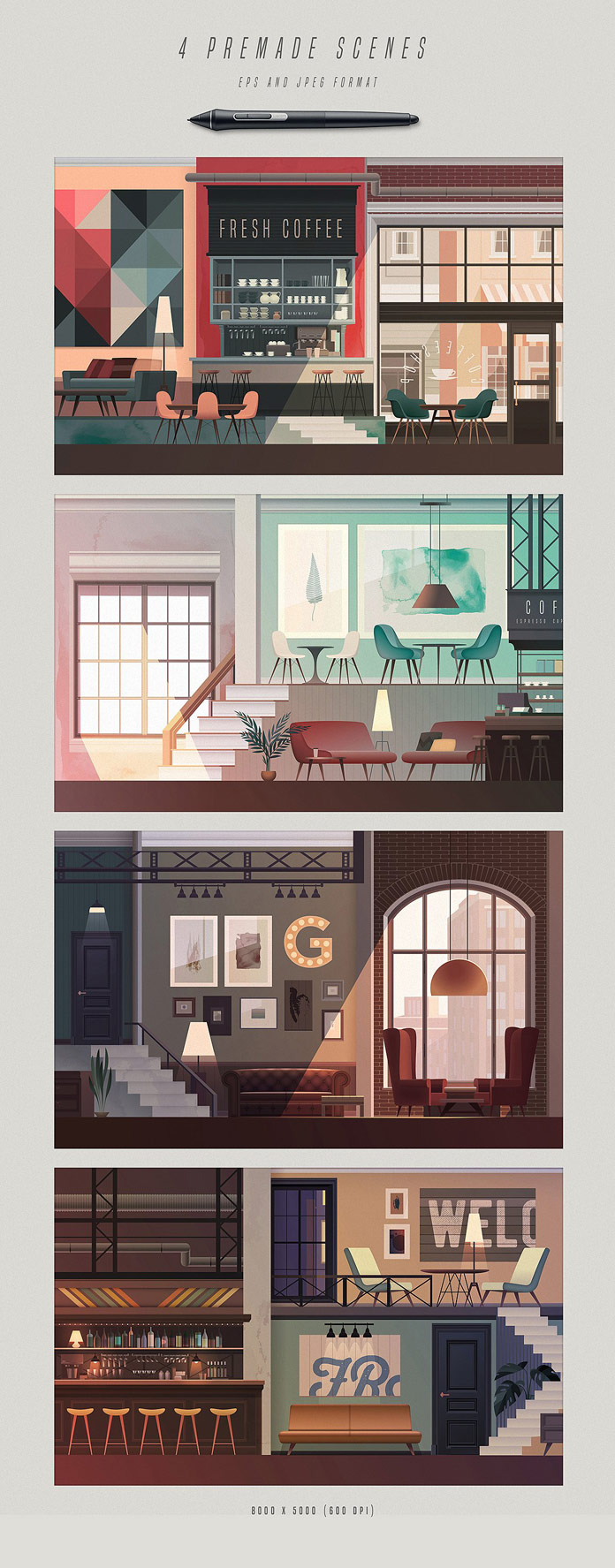 4 premade scenes as vector EPS and JPG files. 4 premade scenes as vector EPS and JPG files.