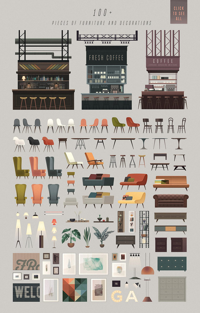 Over 100 furniture and decoration objects. Over 100 furniture and decoration objects.