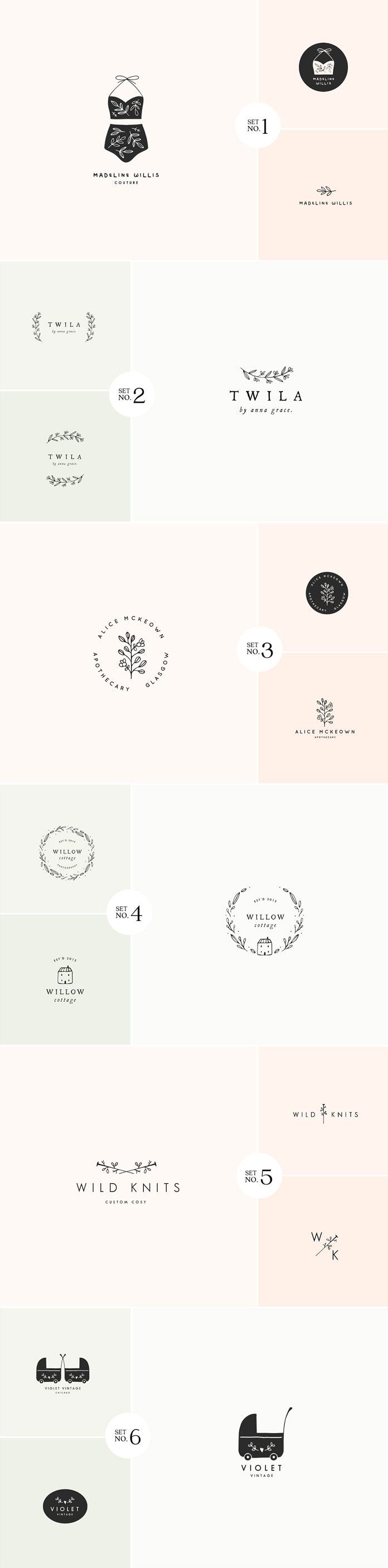 6 main logo designs, each one is accompanied by two matching logo versions resulting in a total of 18 logos.