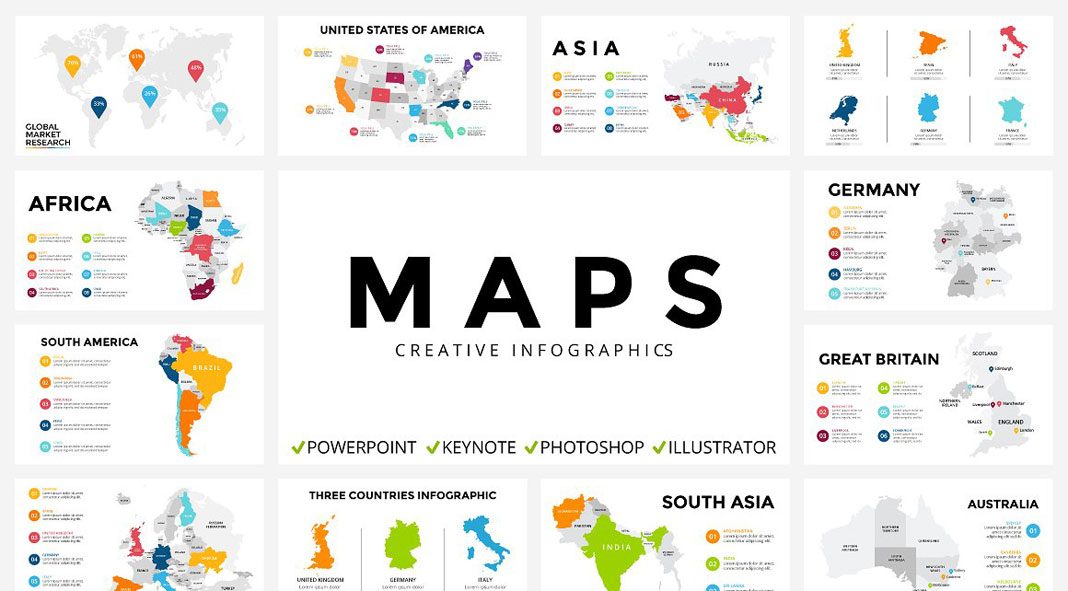 Infographic maps in PPT, PPTX, KEY, PSD, EPS, AI and JPEG files.