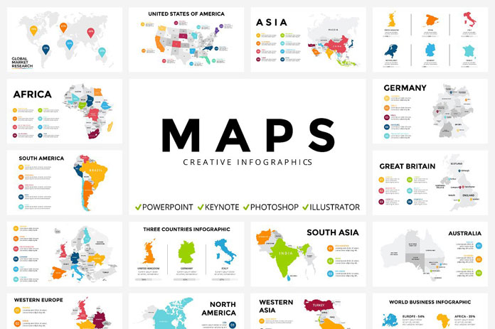 Infographic maps in PPT, PPTX, KEY, PSD, EPS, AI and JPEG files.