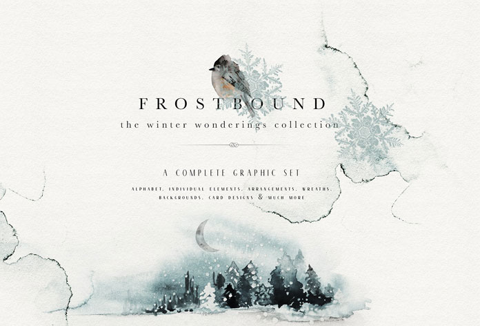 Frostbound, a magical winter collection of watercolor graphics by Isabelle Salem of Opia Designs.