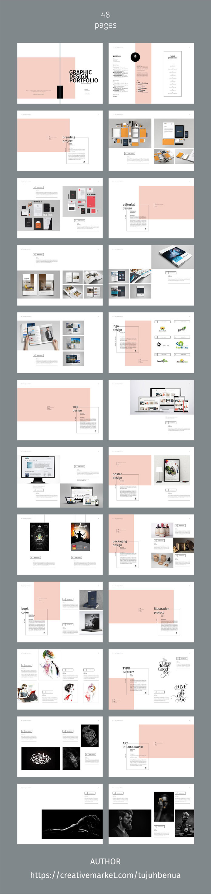 Graphic design portfolio template with 48 pages. Graphic design portfolio template with 48 pages.