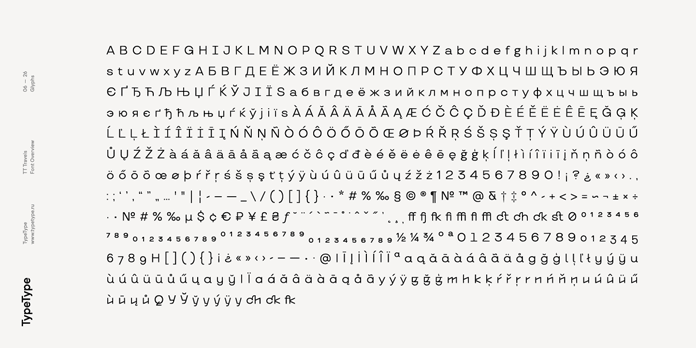 TT Travels font family, Character set.
