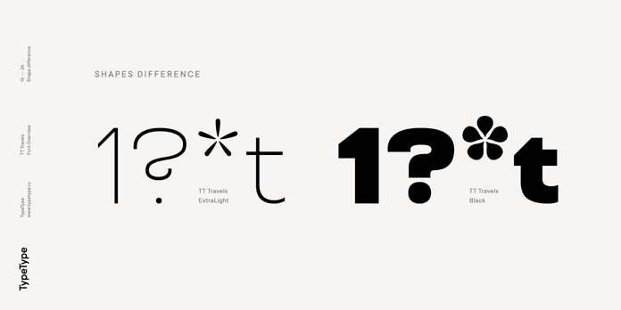 TT Travels font family, Different shapes and weights.