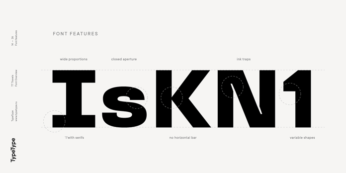TT Travels font family, Font features.